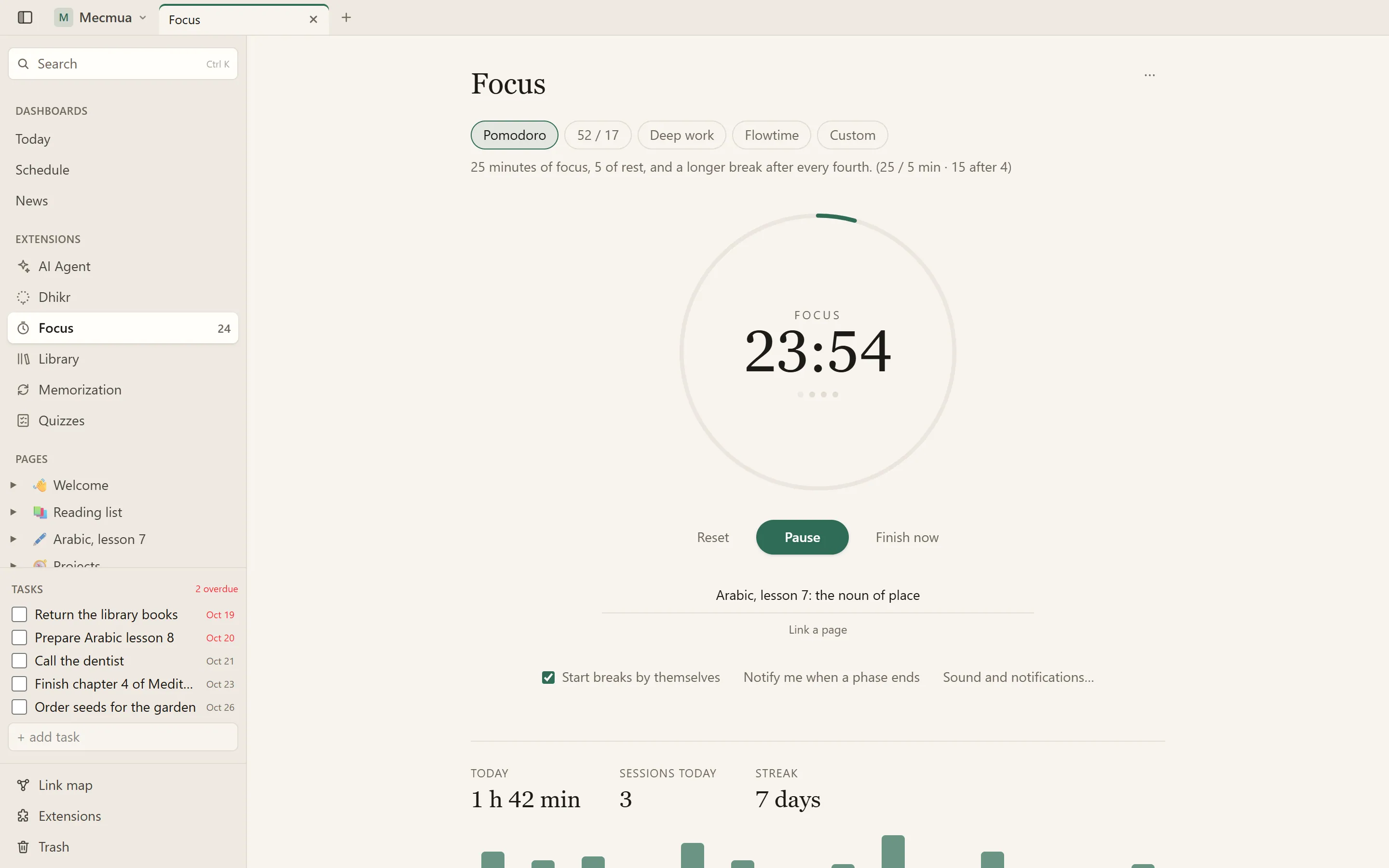 A Pomodoro under way, with today’s focus time and the streak below