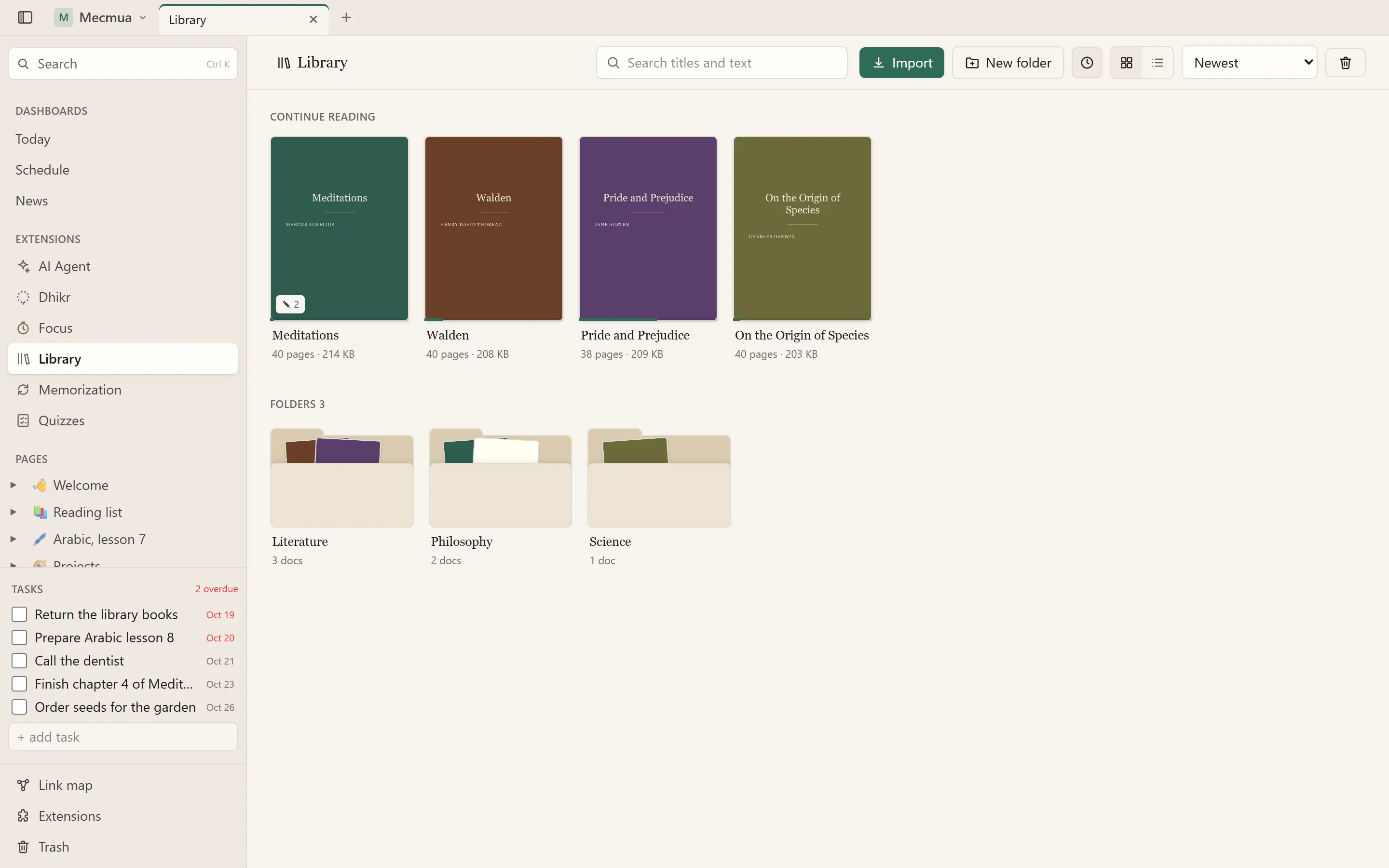 The shelf: folders, covers, and where you stopped in each book