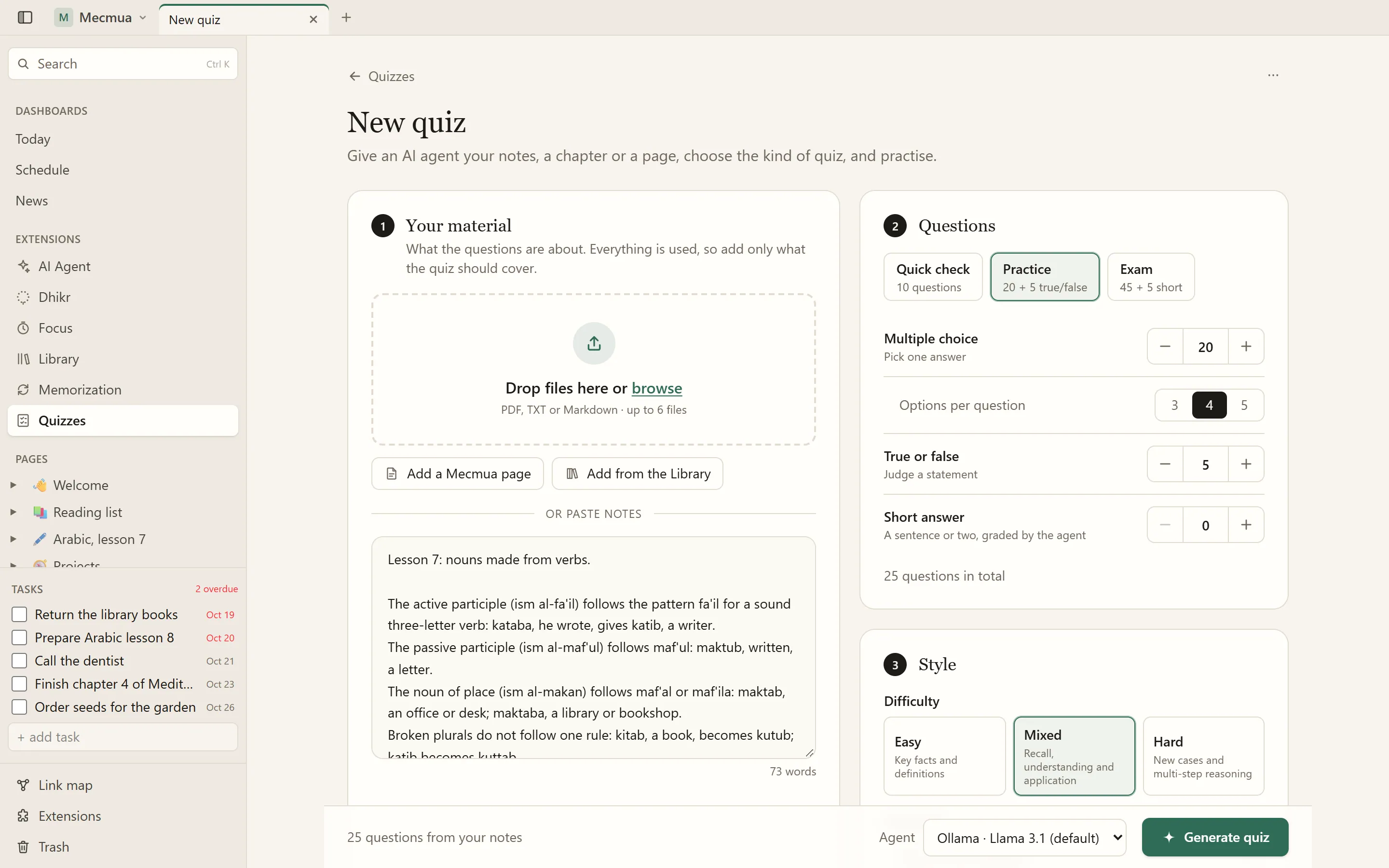 The quiz maker: your material, the mix of questions, the difficulty, and the agent that writes it