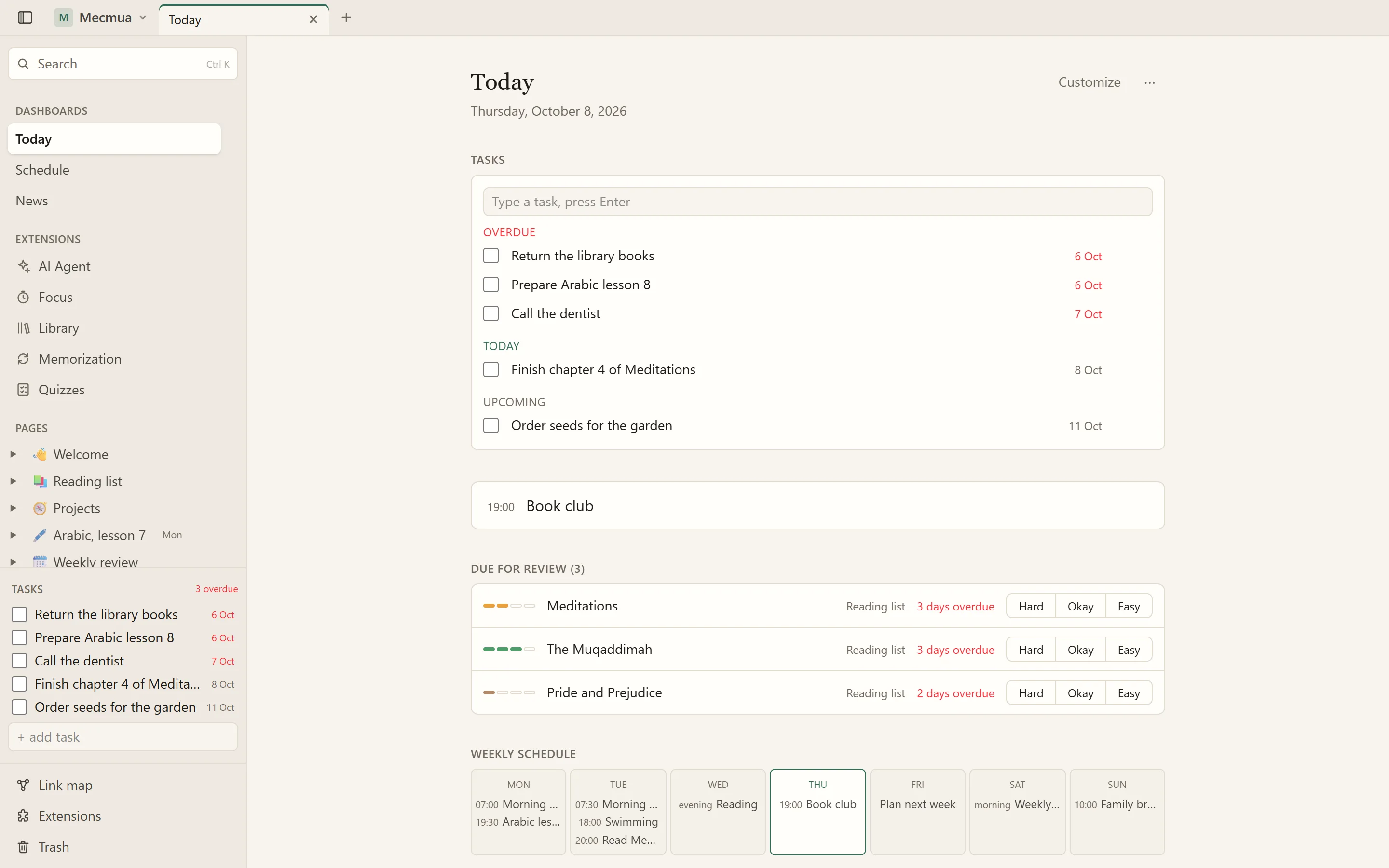 Mecmua’s Today dashboard: tasks, the day’s schedule and books due for review