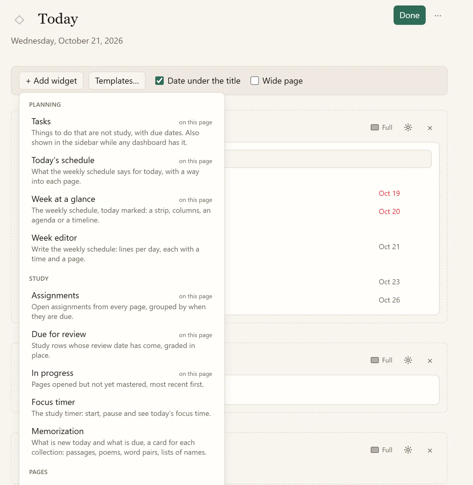 Add widget: tasks, the schedule, reviews, assignments, a focus timer, memorization and more